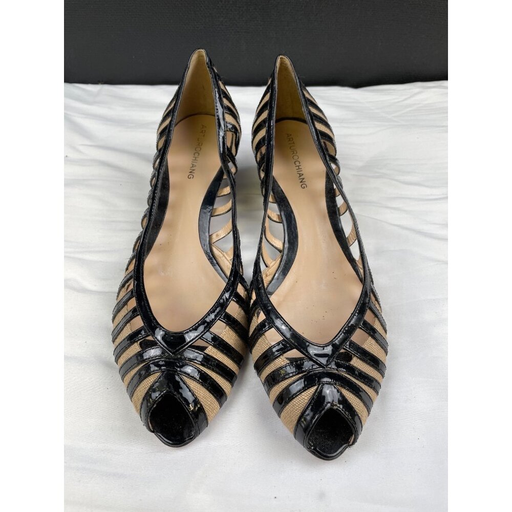 Alturo Chiang Women's Black Leather Peep toe Shoes/Heels 2.25" Size 9.5 SKU 3412 - Picture 1 of 8